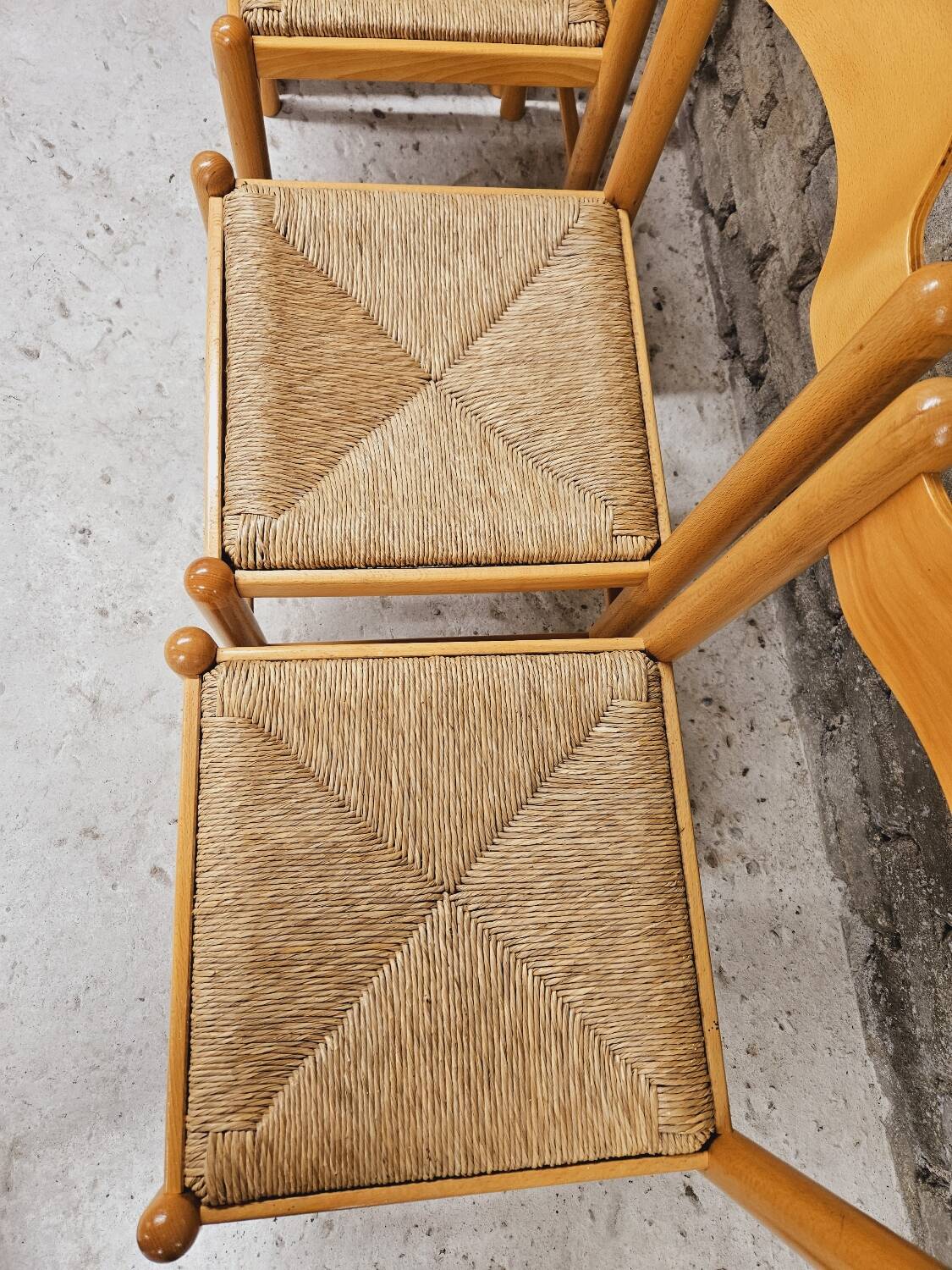 Set of 4 vintage pine and rush chairs