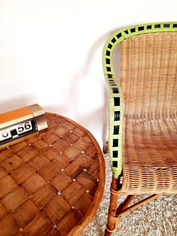 Fauteuil en rotin des années 50s 60s liseré vert pomme noir