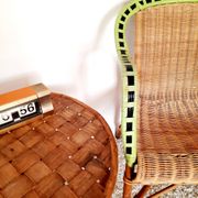 1950s 60s rattan armchair with green apple and black piping.