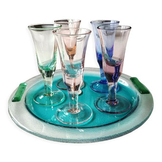 Digestive set, 6 glasses of multicolored Murano liqueur