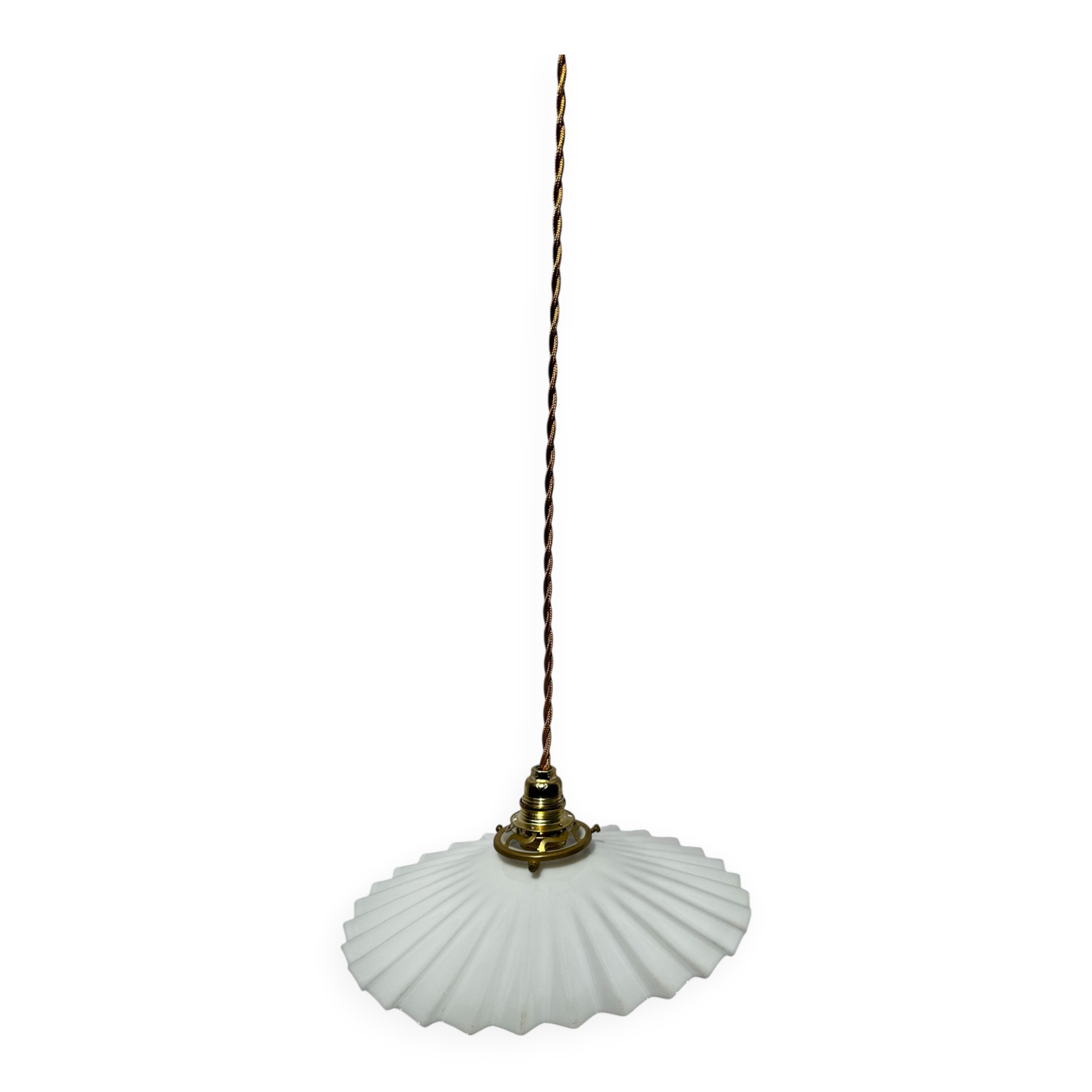 Vintage suspension opaline pleated lampshade with golden threads and claw socket.