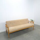 Slaapbank beige gestreept met houten frame