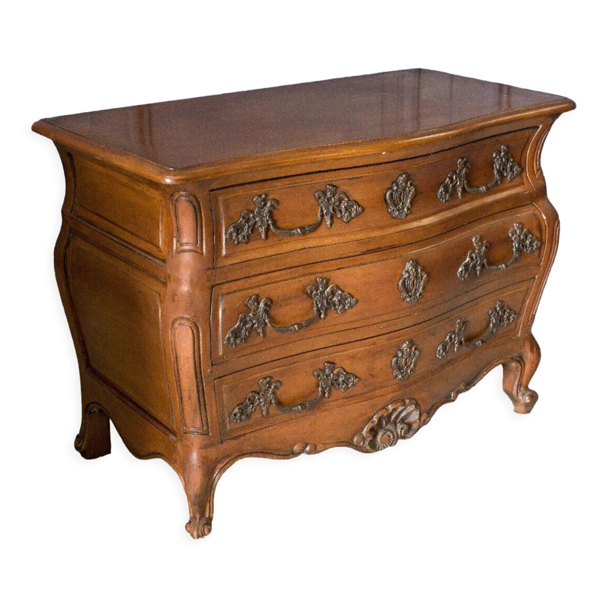 Walnut chest of drawers Louis XV style 3 drawers Bronze handles Mid-twentieth