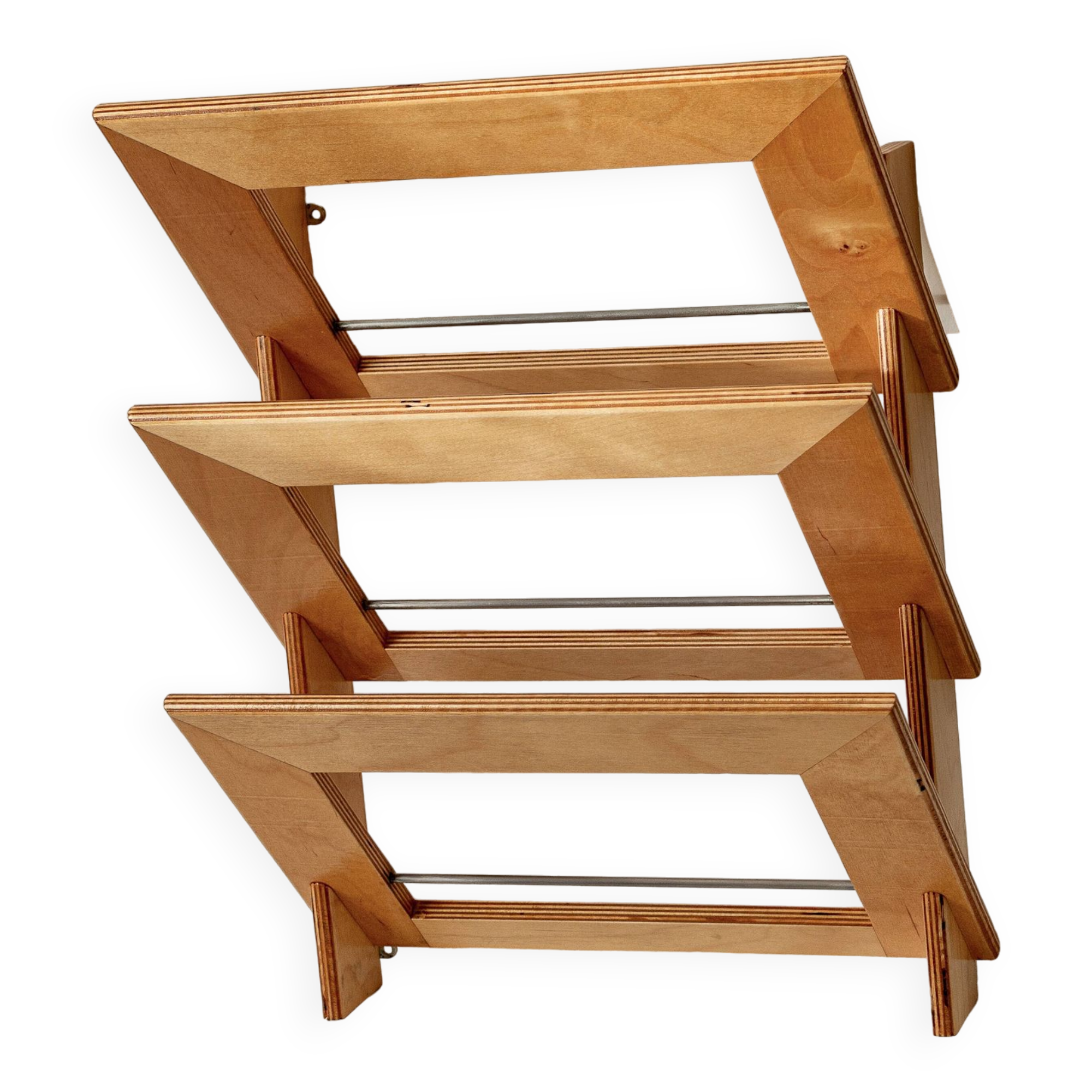 Wall-mounted magazine rack in varnished plywood, 80s/90s