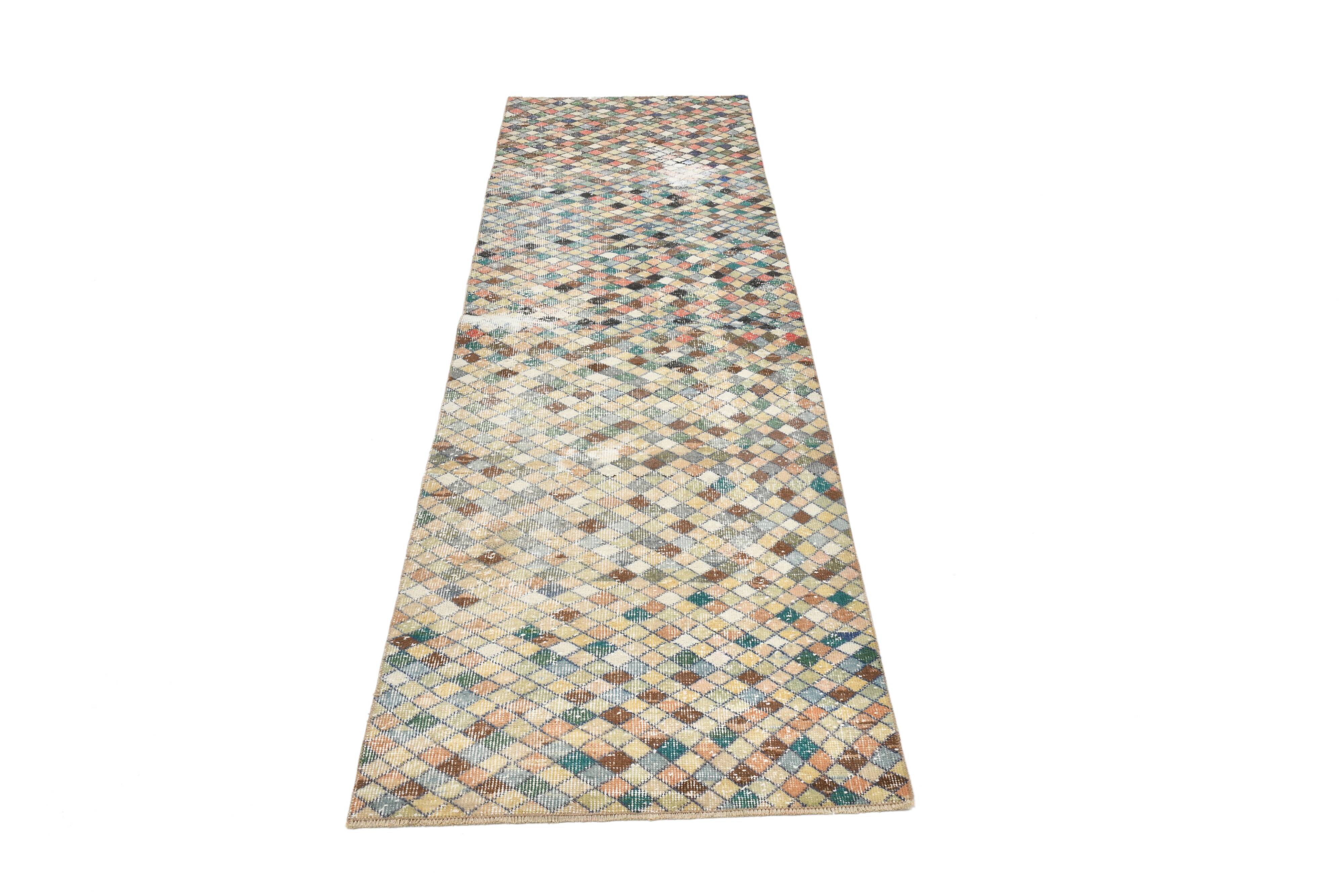 2x9 Vintage Multicolor Geometric Turkish Runner Rug, 75x266Cm