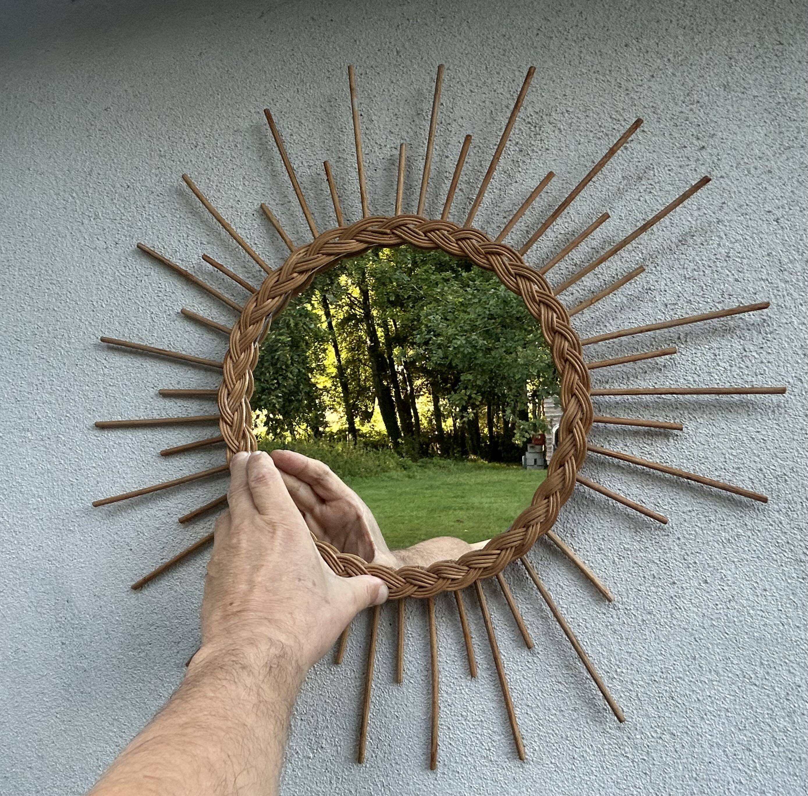 old vintage rattan wicker sun mirror authentic 70s Diameter 56