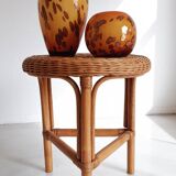 1960s Handmade Vintage French Riviera Wicker & Bamboo Side Table