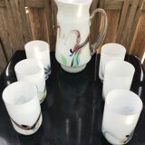 Pitcher orange service and 6 bubbled and opalescent puffed milky glasses