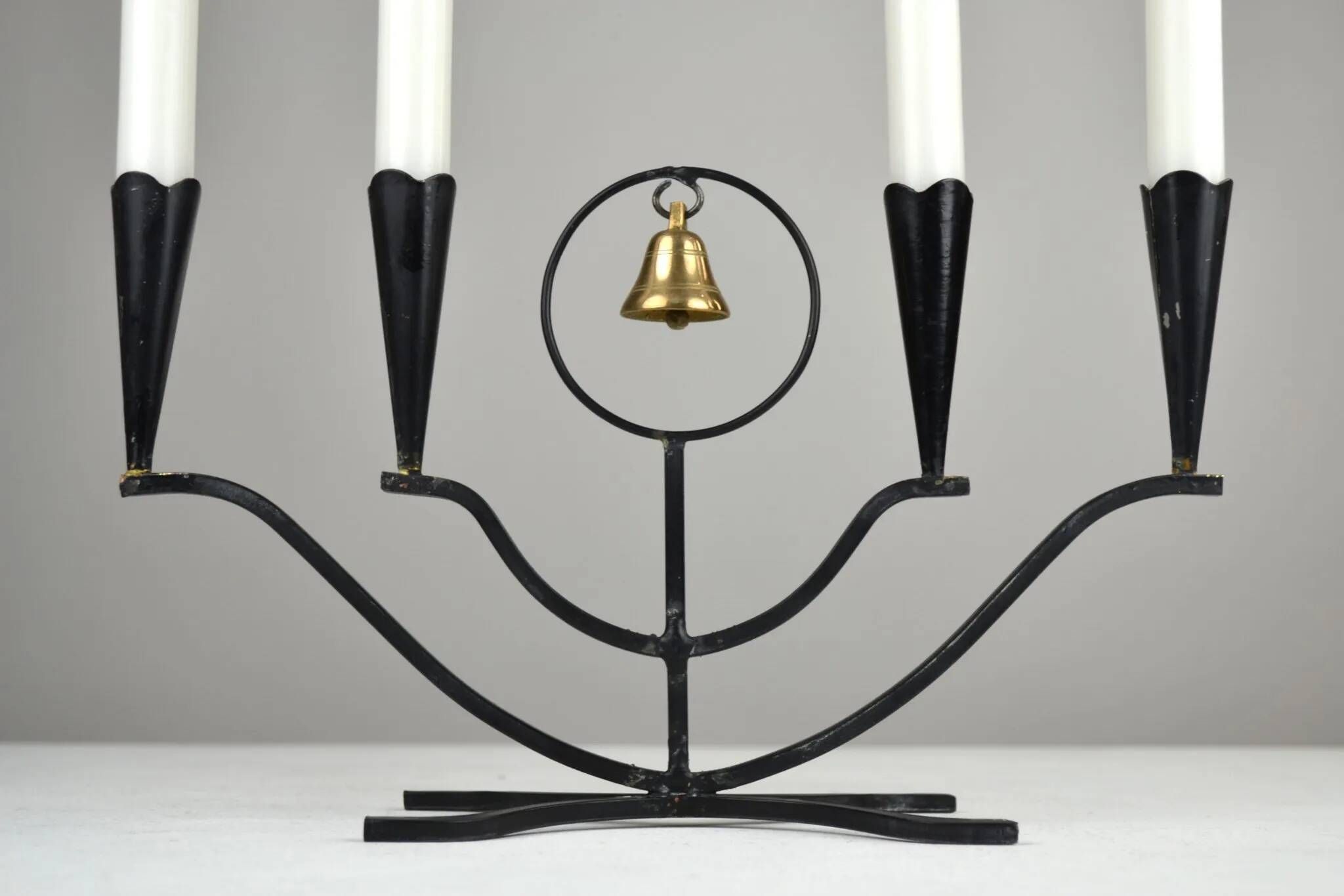 Four-Candle Candelabra with Brass Bell — Ystad-Metall, Sweden, 1950s