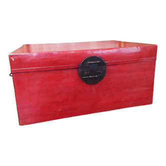 Old Chinese trunk in red lacquered leather