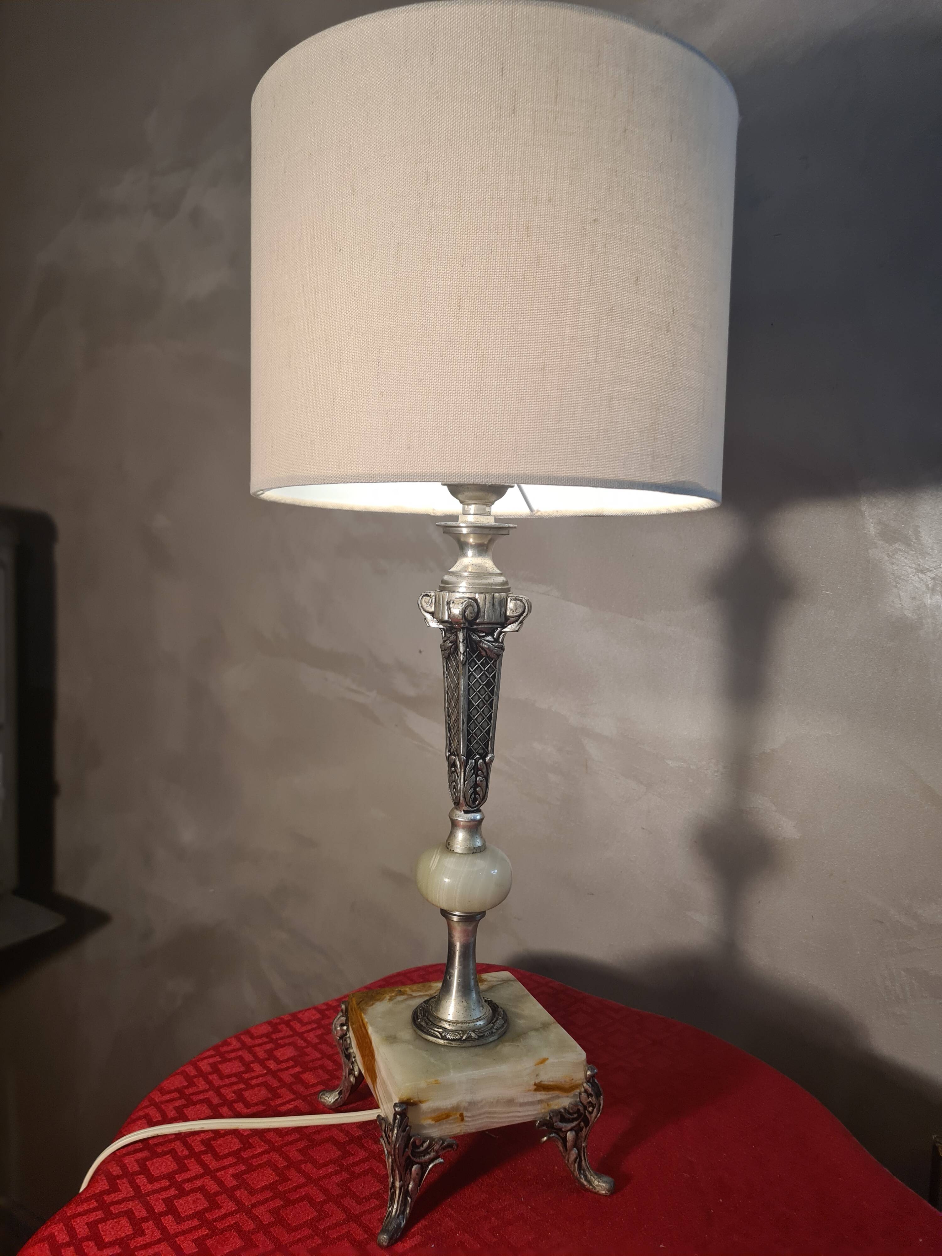 Onyx marble lamp 1970, new linen shade 53x23.