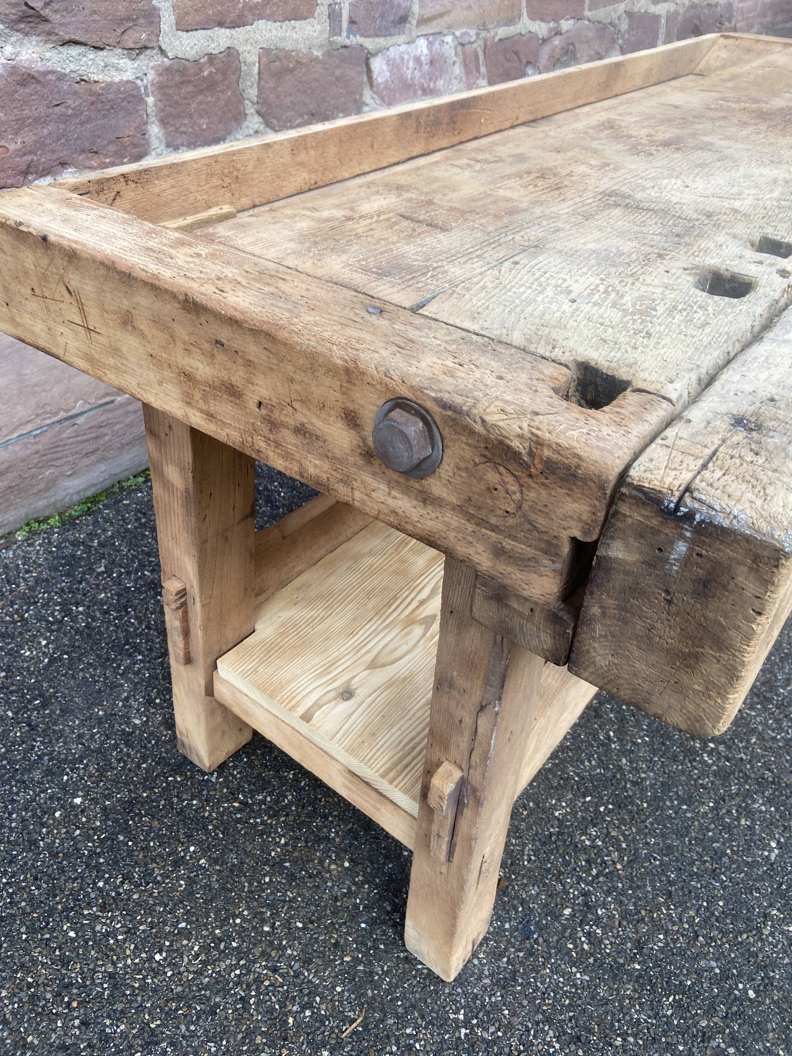 Industrial table carpenter's workbench in raw natural wood vintage bohemian
