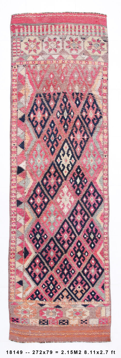 3x9 navy blue & pink turkish runner rug 79x272cm
