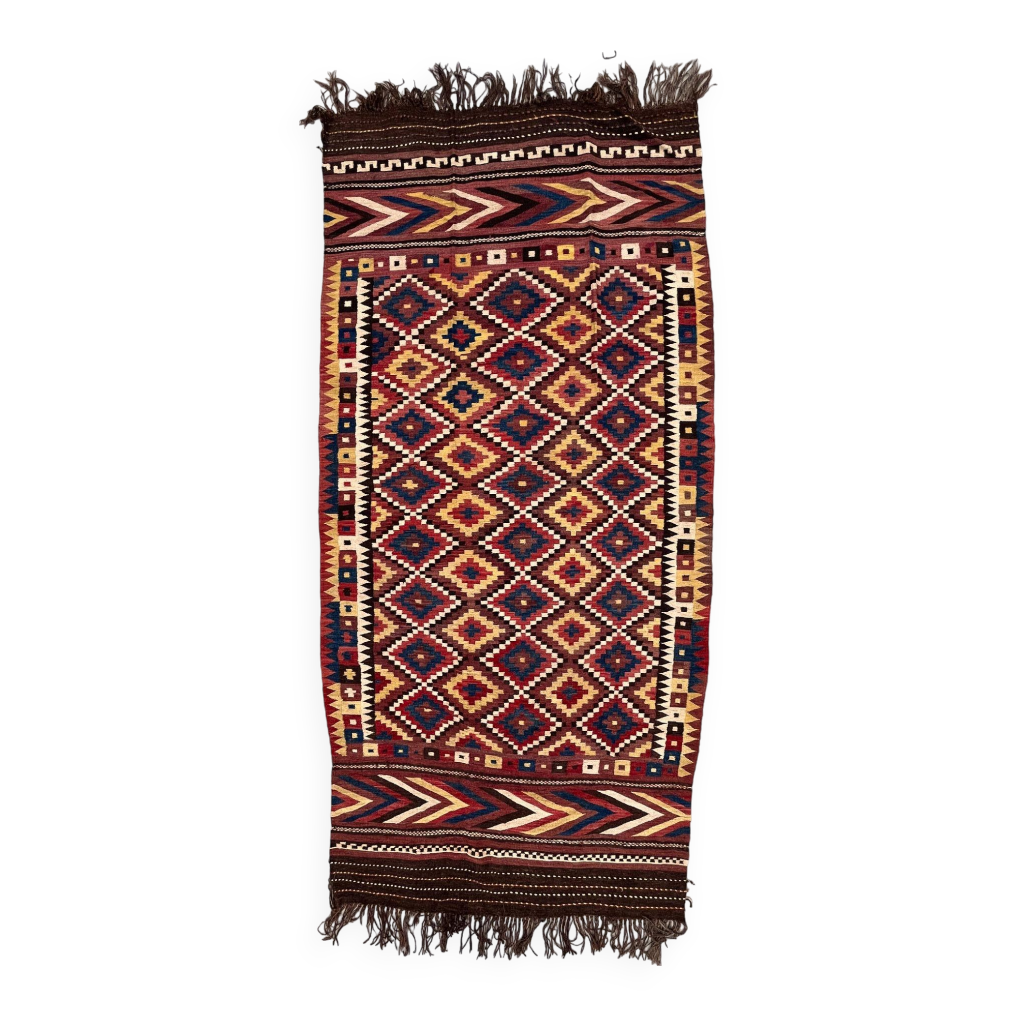 Vintage Afghan Tribal Kilim Wool Rug 390x185 cm Red, Orange, Brown, Black Large