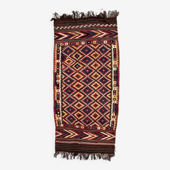 Tapis vintage tribal afghan en laine Kilim 390x185 cm Rouge, Orange, Marron, Noir Grand