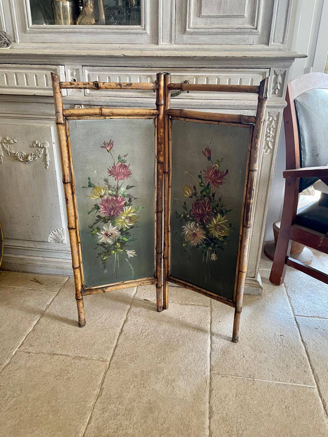 Old bamboo screen and painted sheet metal 82x60