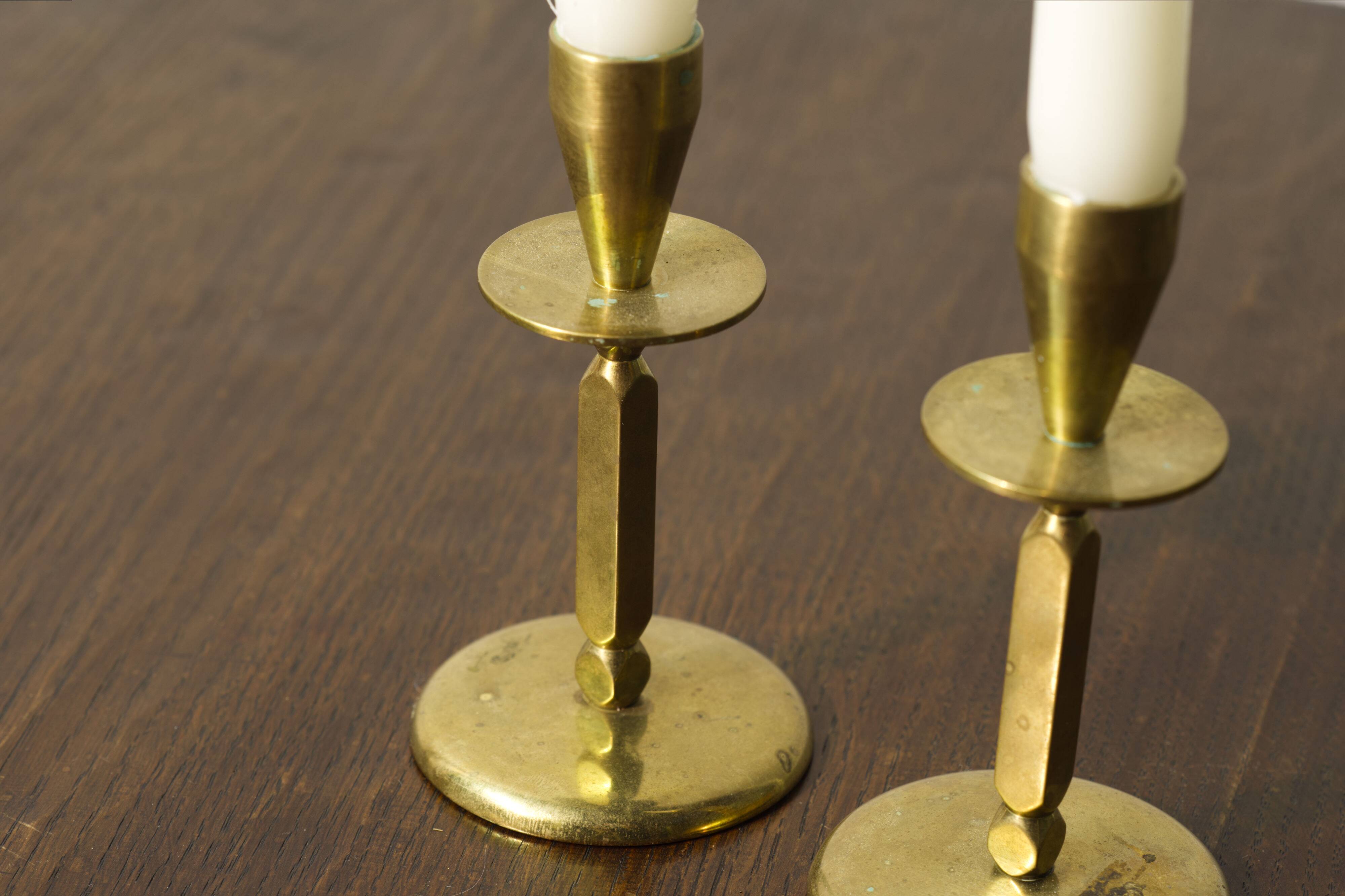 2x Mid century brass candle sticks, Kara Denmark