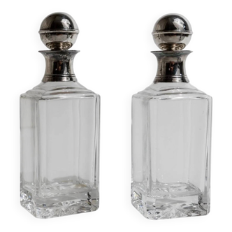 Two Clear Glass Decanters with Silver-Plated Ball Stoppers, Art Deco Italian 1950s Barware Gift