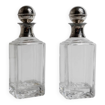 Deux carafes en verre transparent avec des bouchons en argent, barware Art Déco italien des années 1950, cadeau.