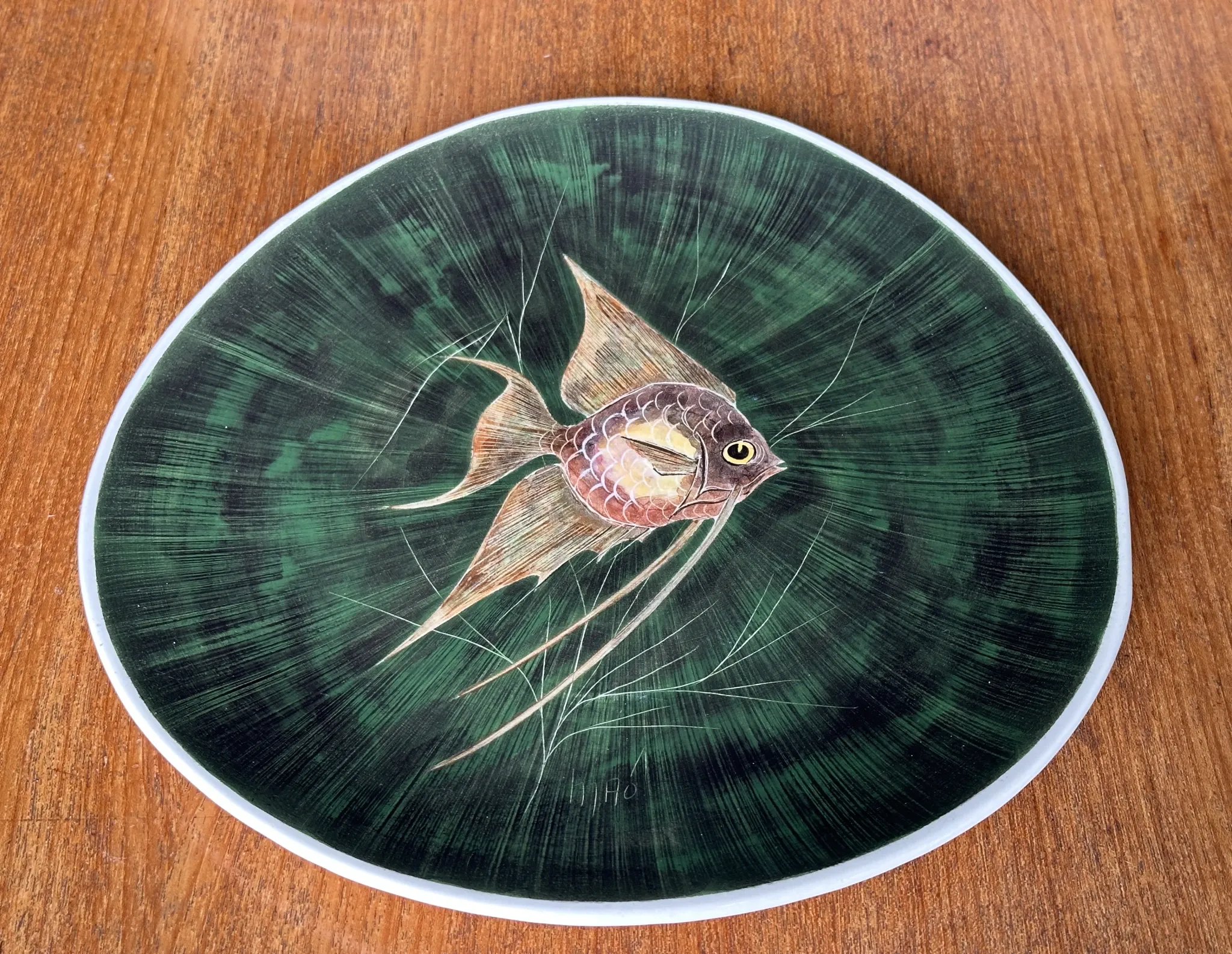 Fish service in glazed earthenware painted by hand signed Le Mao - 1960