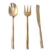 Gold service cutlery trio, bamboo, Hollywood Regency - circa 1