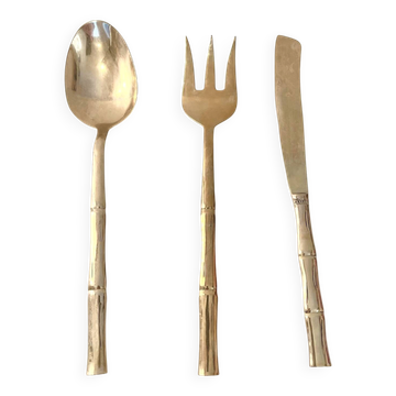 Gold service cutlery trio, bamboo, Hollywood Regency - circa 1