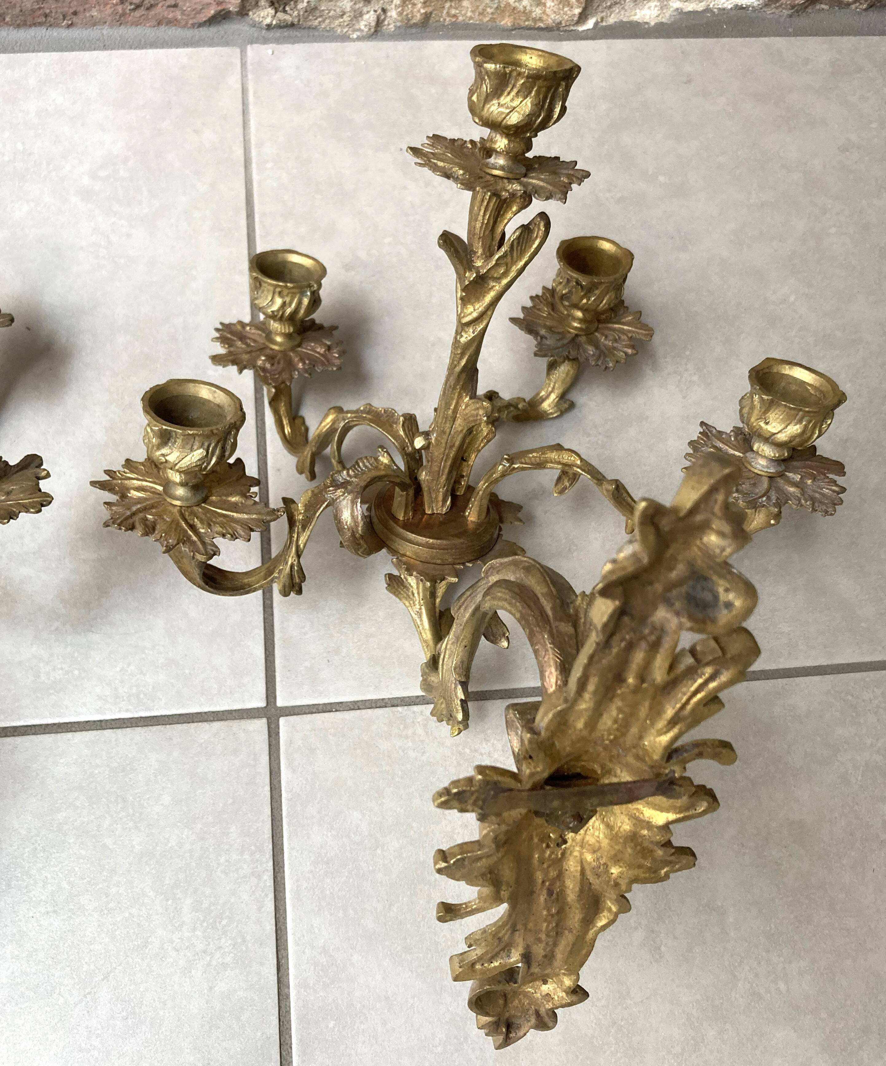 Pair of 5-light gold wall candlesticks