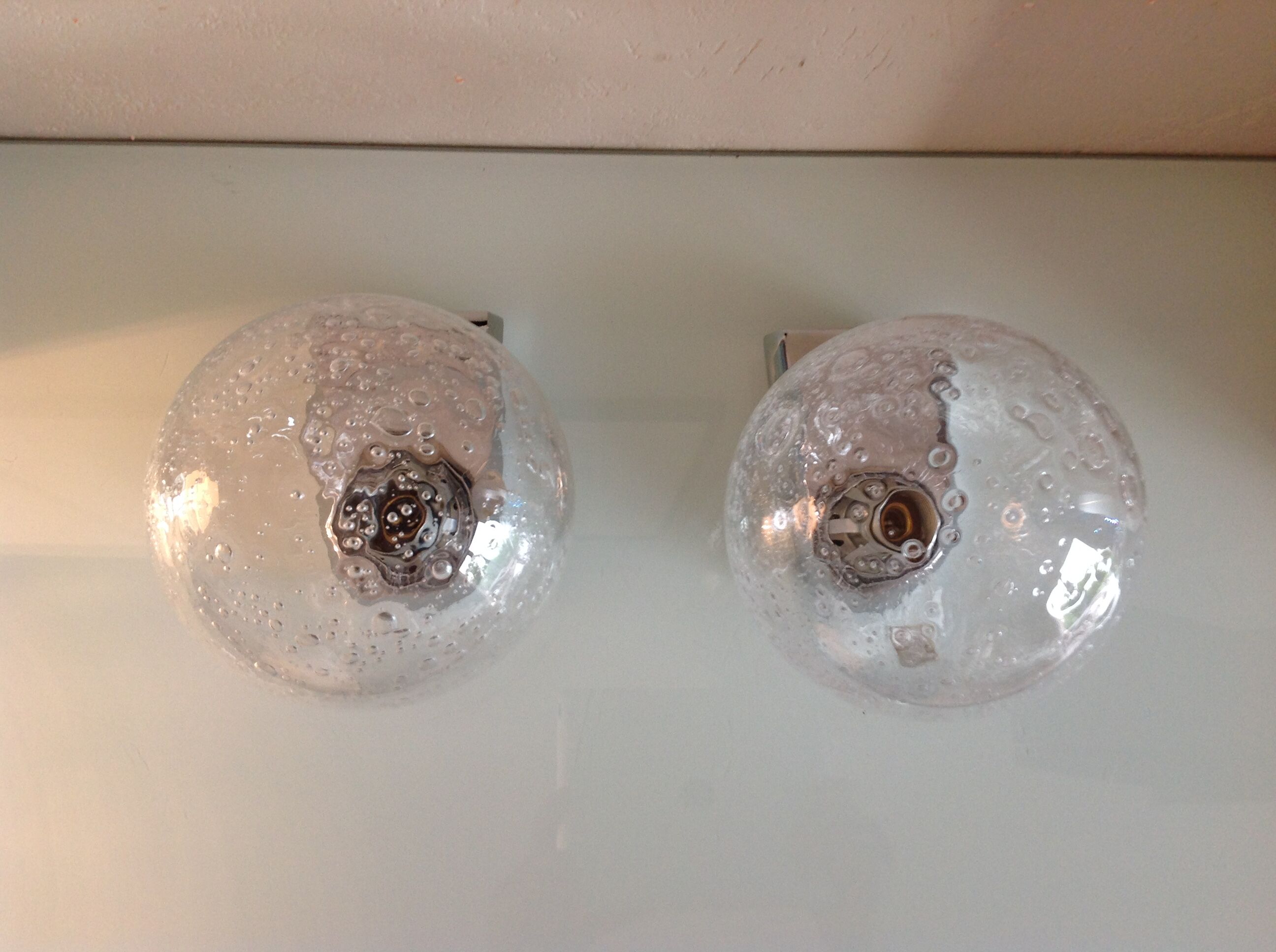 Pair of chrome sconces and crystal globe bubbled by Keuco / vintage 70s