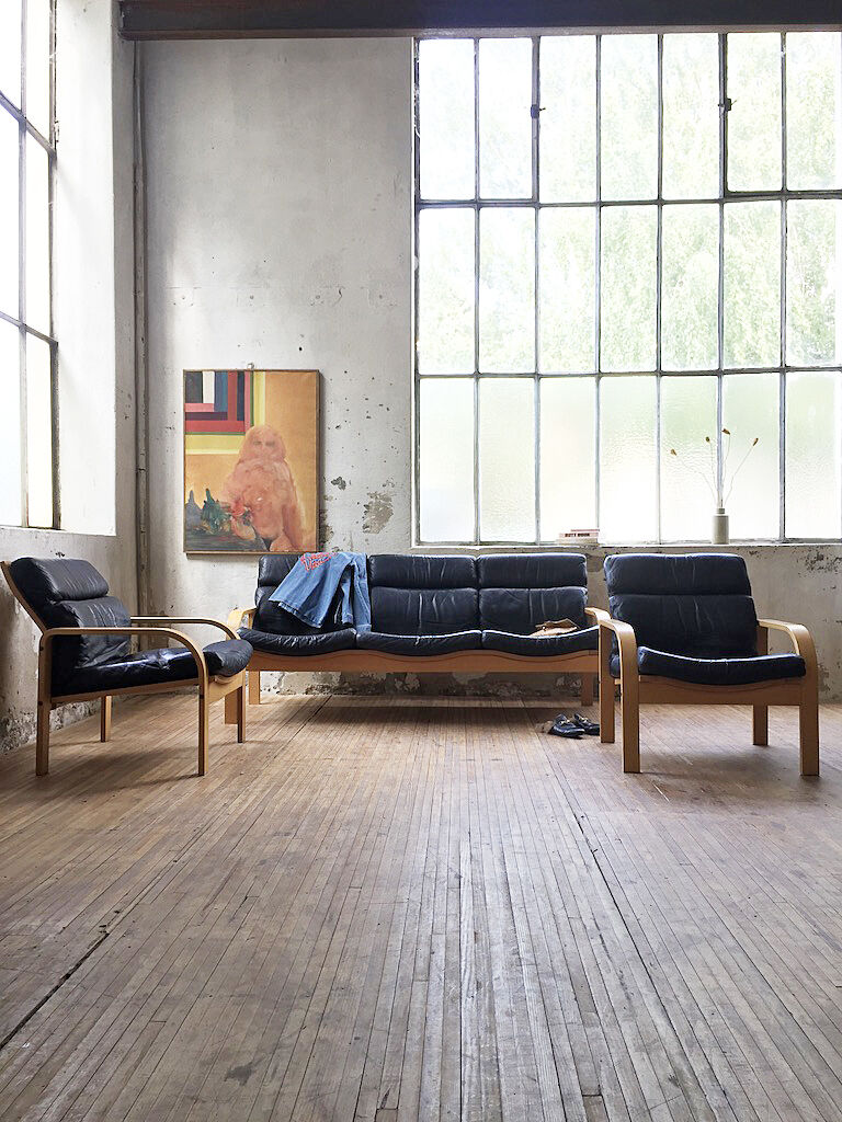 Danish sofa and armchairs curved wood and leather