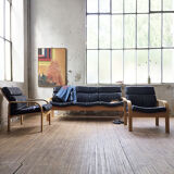 Danish sofa and armchairs curved wood and leather