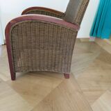 2 armchairs in woven rattan and wood, 1980s