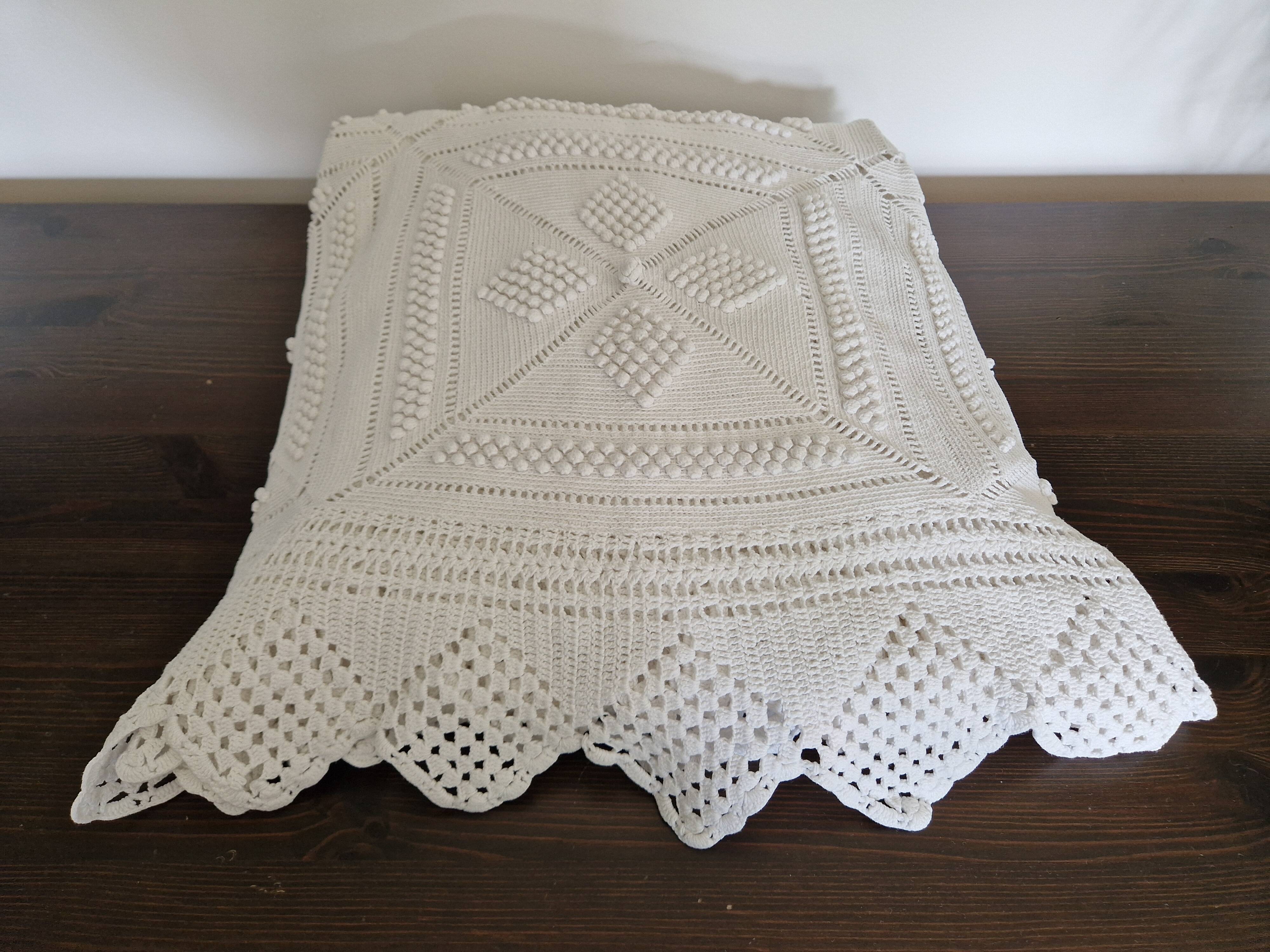 Antique handmade white cotton crochet bedspread
