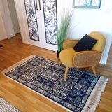 Handcrafted oriental blue and white rug Tunisia vintage fringes