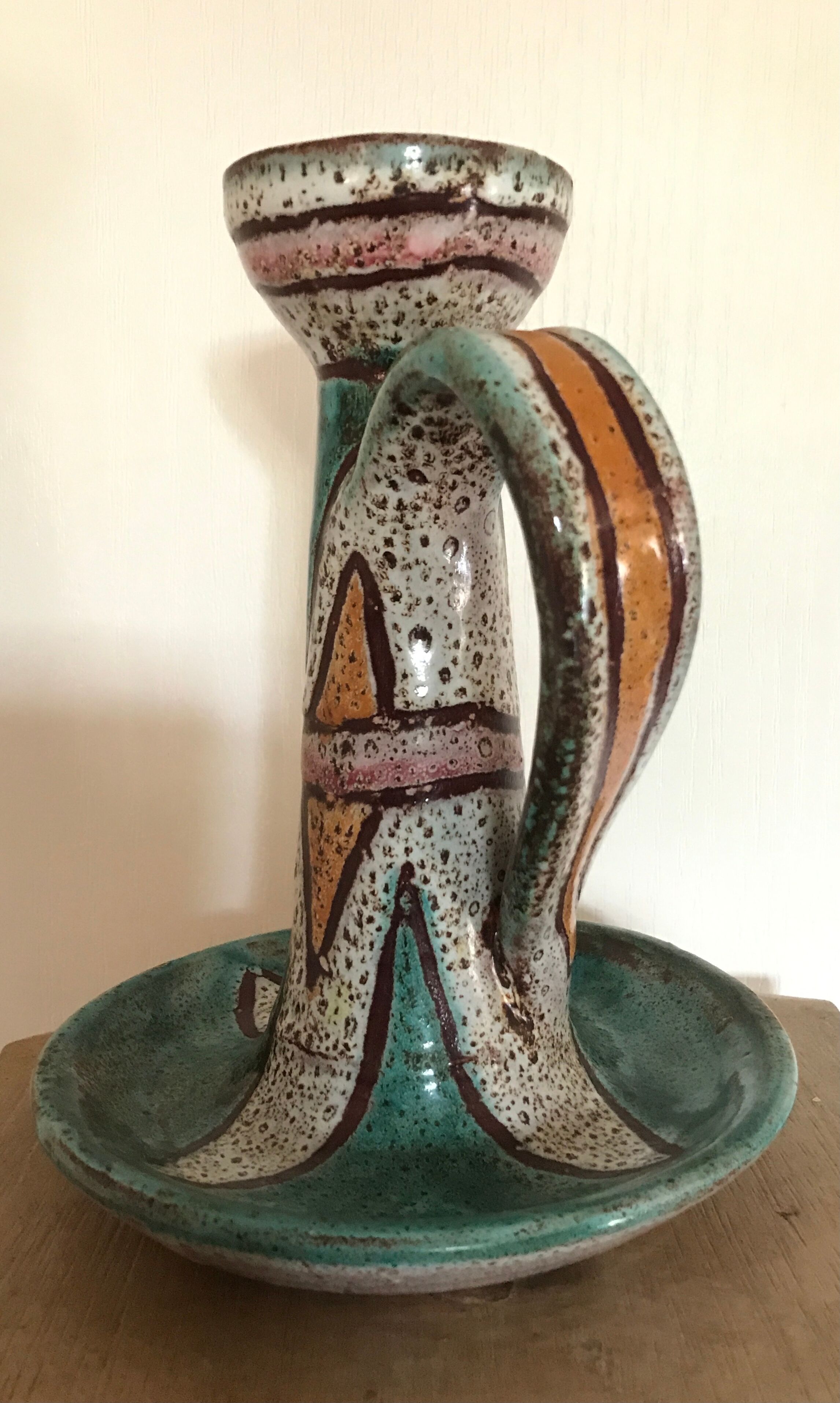 Hand candleholder in enamelled ceramic, polychrome paint, art deco, numbered