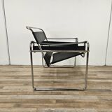 70s armchair in chromed tubular and black leather