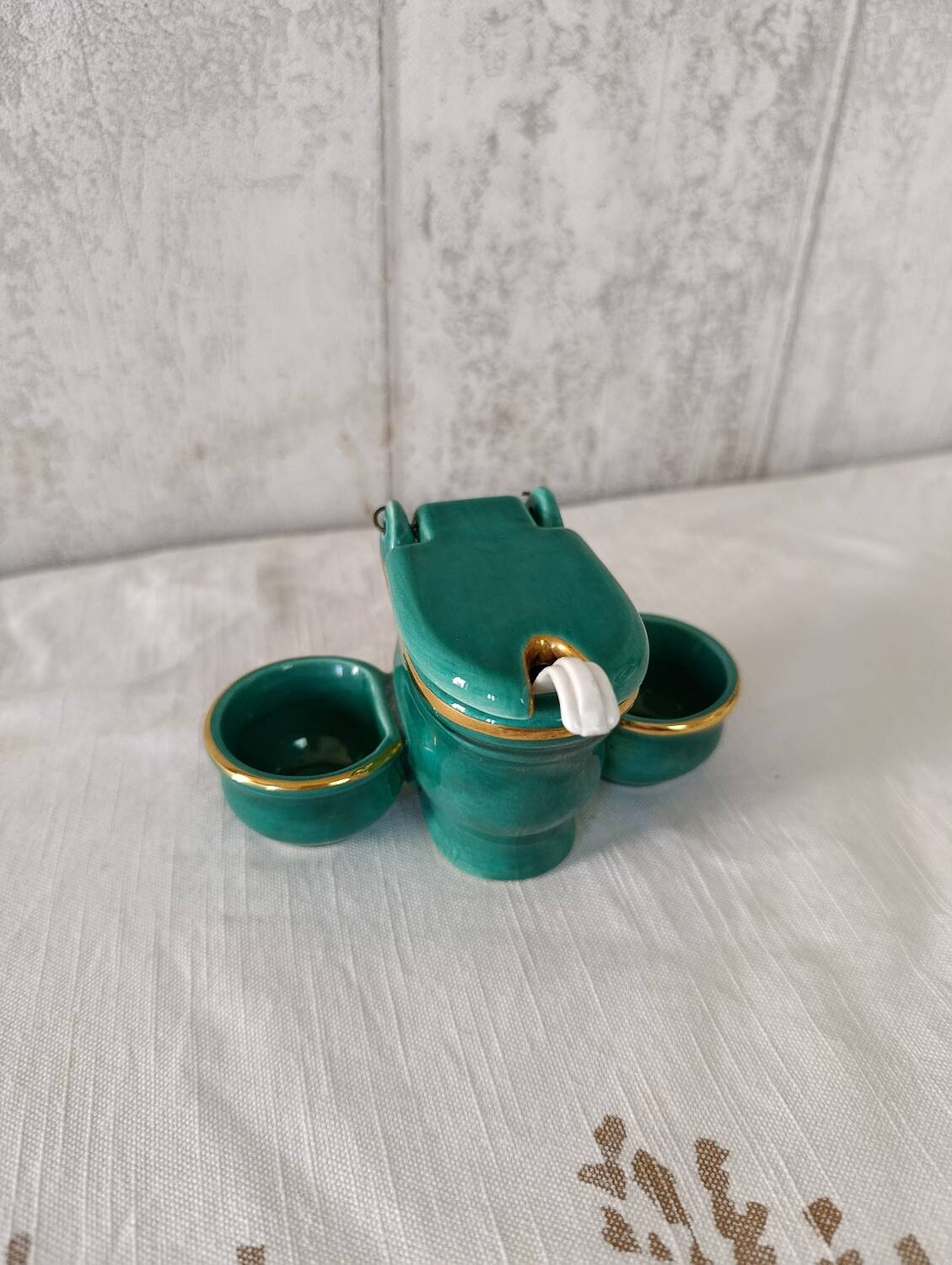 Mustard and salt pepper shaker in the shape of a toilet.