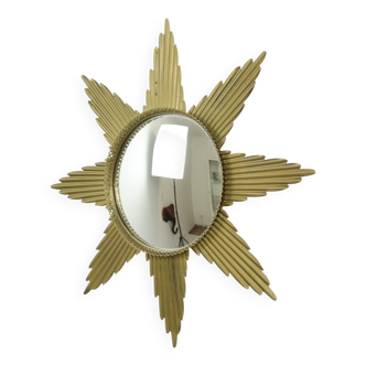 Miroir soleil convexe en métal doré et bois, 1960