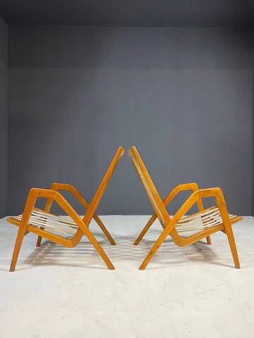 Pair of vintage lounge chairs by Jan Vaněk, removable cushions, 1940s