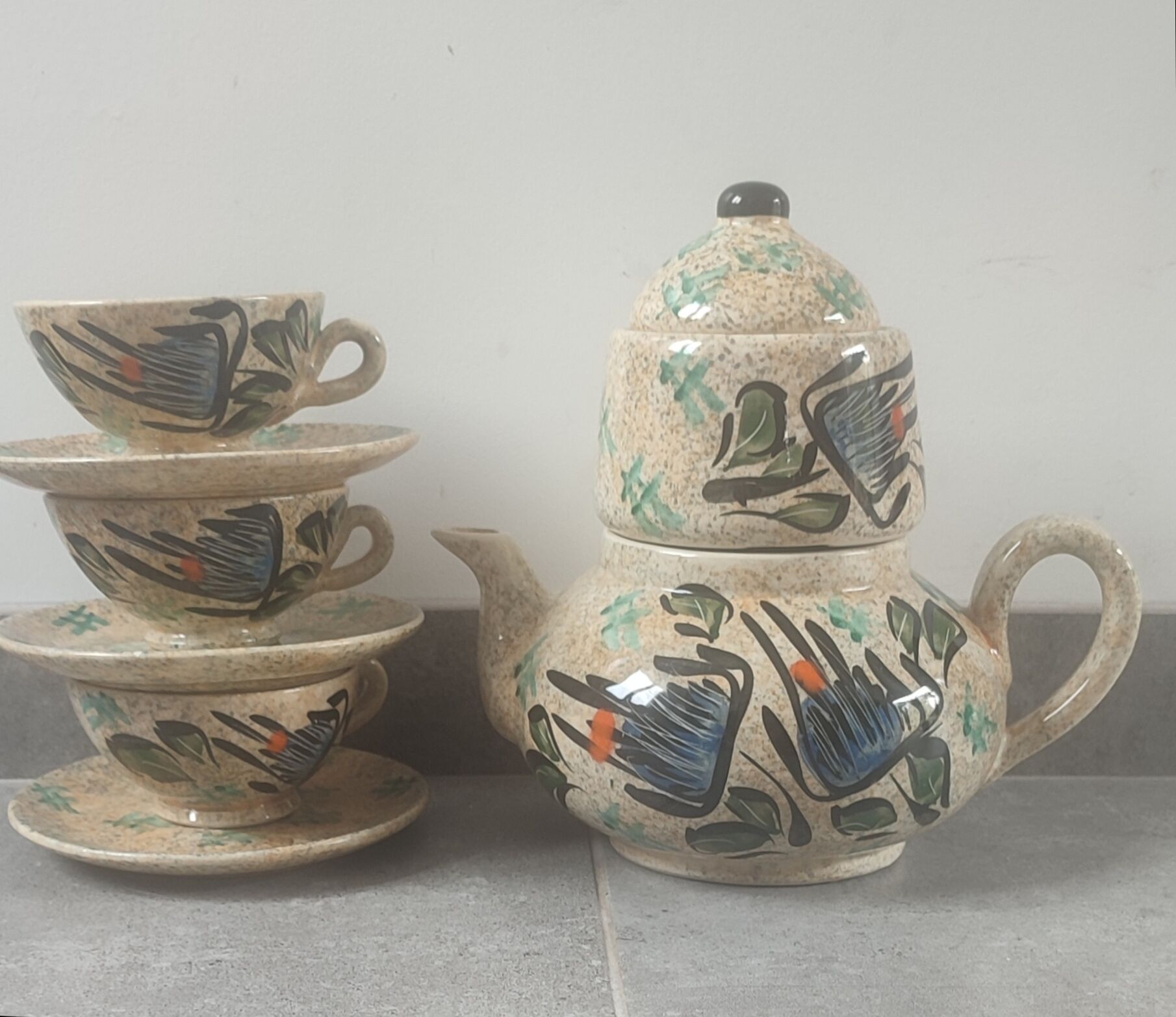 Large ceramic tea service signed Vallauris, vintage 1960.