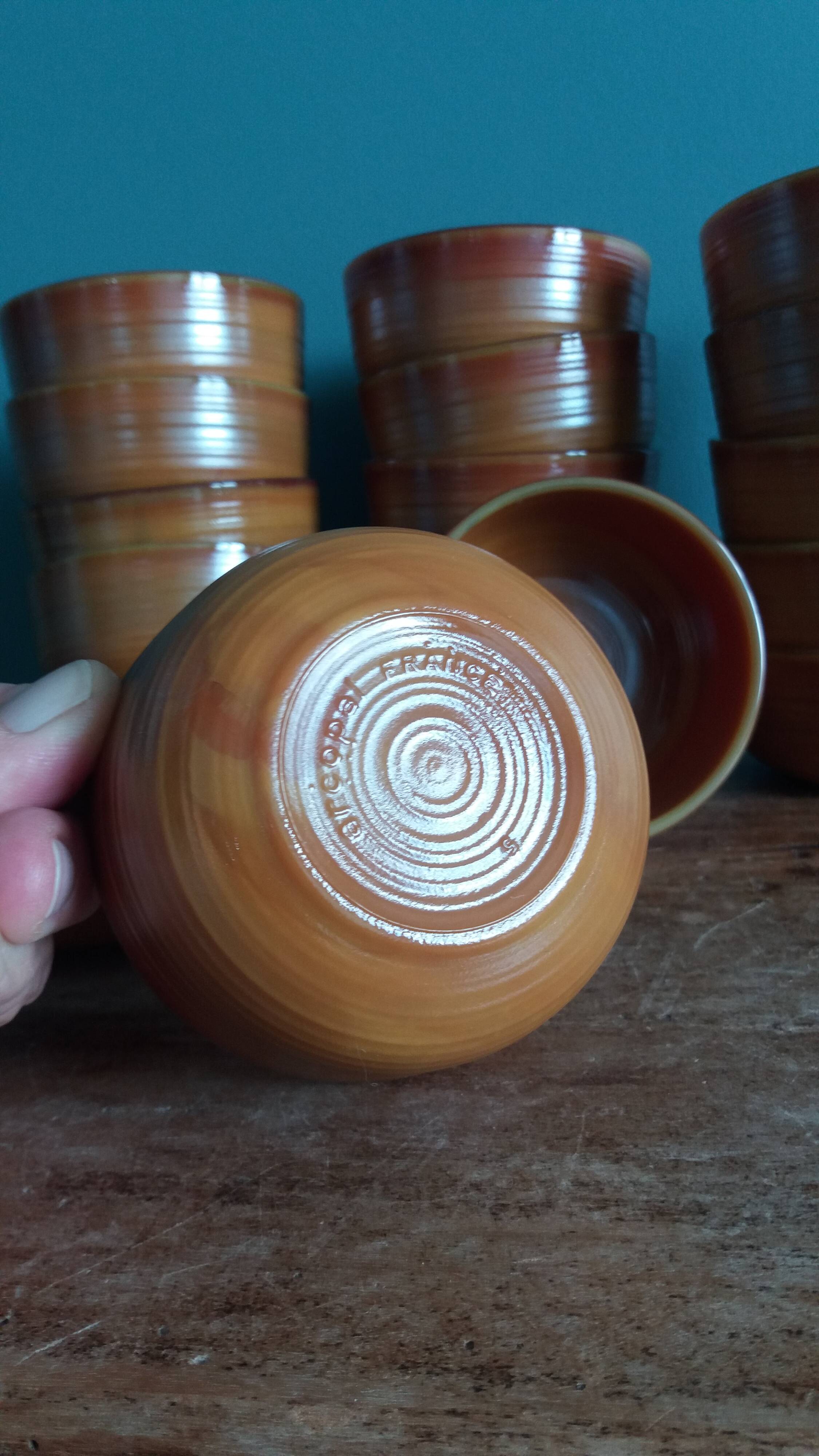Orange caramel glass ramekins Arcopal Volcan 1970s