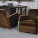 Pair of Art Deco velvet club chairs in the style of Jules Leleu, 1930s