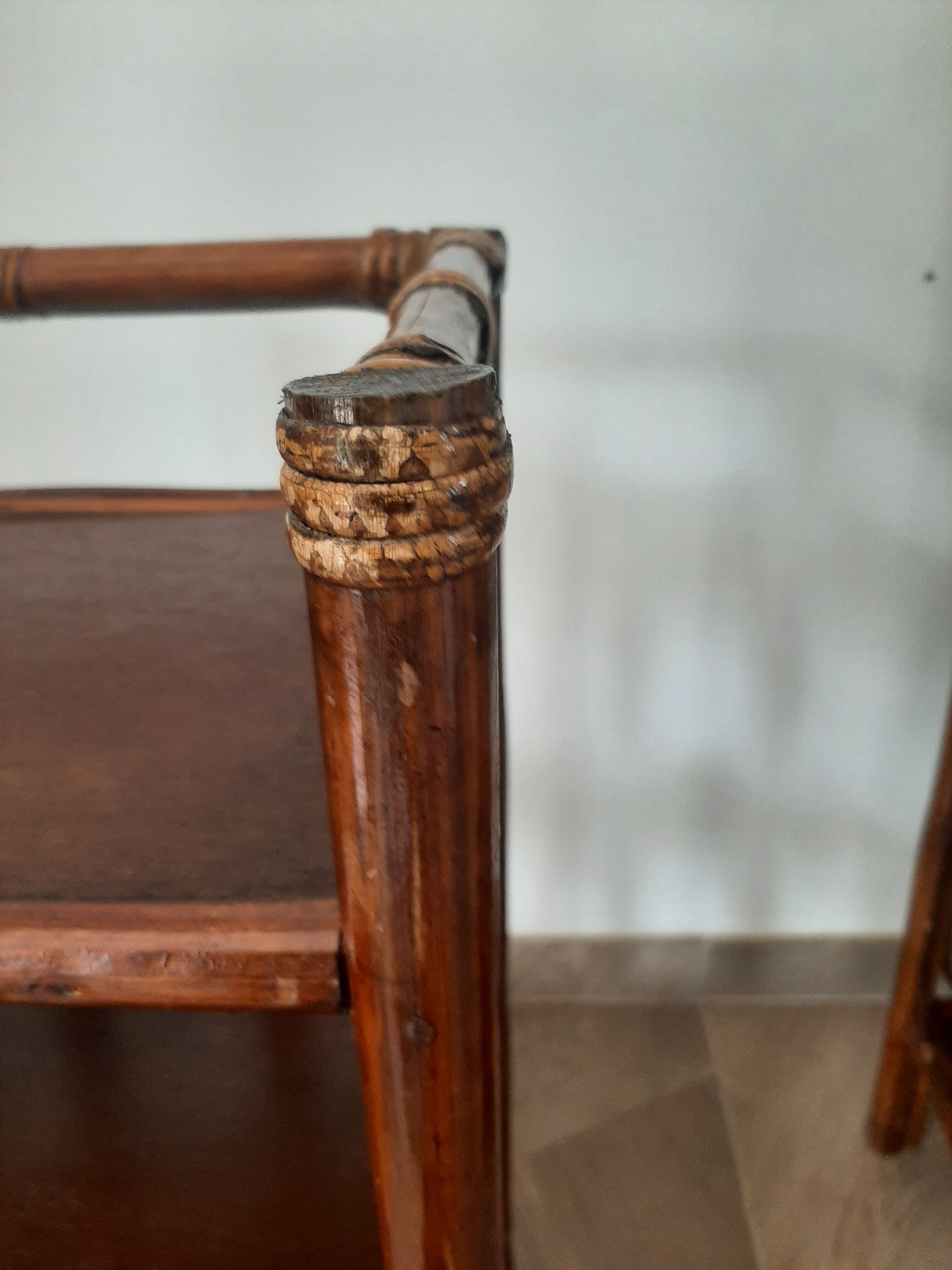 Vintage - set of 2 shelves of wooden floor, bamboo and rattan - 3 levels- retro 80s