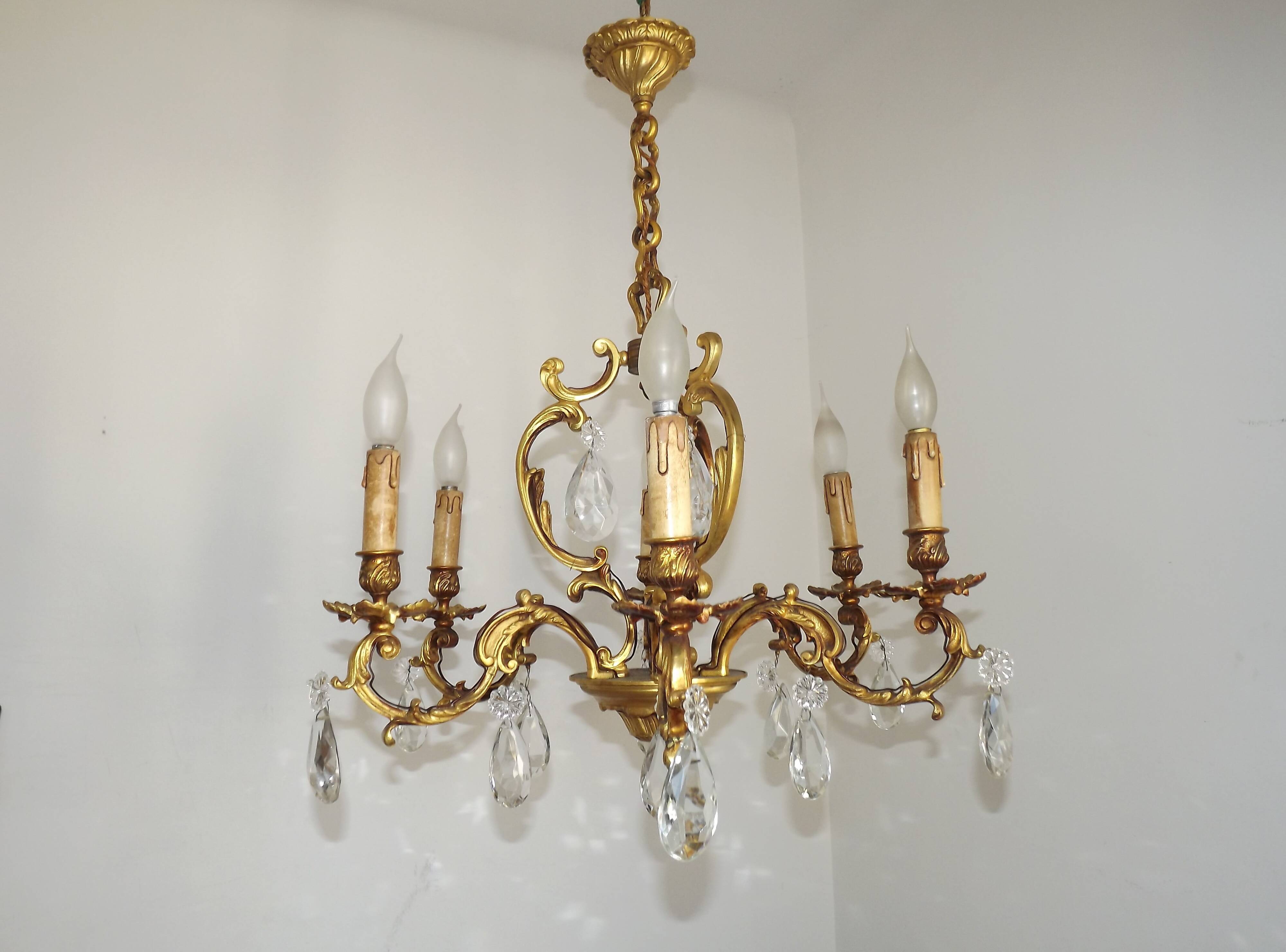 Large Heavy French Art Nouveau 6-Light Brass & Crystal Cage Chandelier