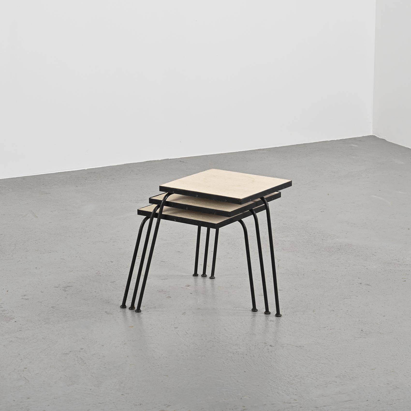 Set of 3 nesting tables in black lacquered metal, circa 1960