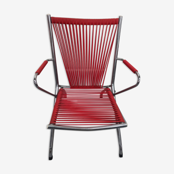 Red scoubidou armchair folding chromed metal child