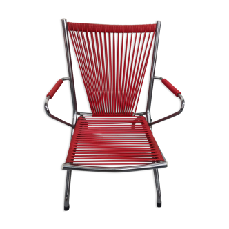 Red scoubidou armchair folding chromed metal child