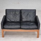 1960s, Danish 2-seater sofa in original condition, furniture leather, solid oak wood.