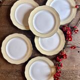 Set of 6 vintage white dinner plates with yellow and gold trim.
