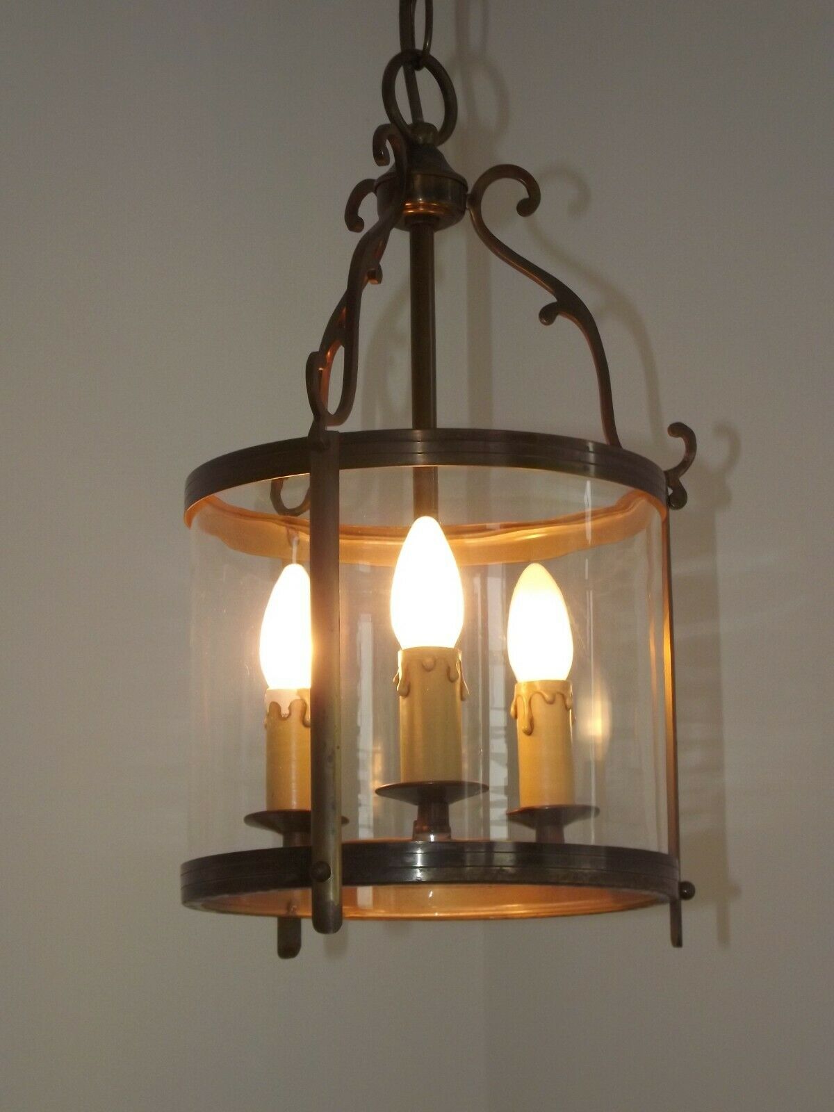 Large Vintage French Brass Cylindrical Glass 3 Light Hanging Hall Lantern