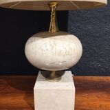 Travertine and gold metal lamp by Philippe Barbier with its custom-made lampshade